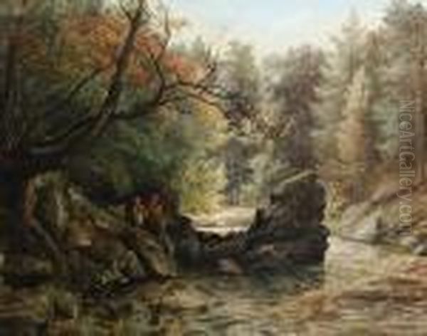 Couple Fishing By A Woodland Pool - view 1