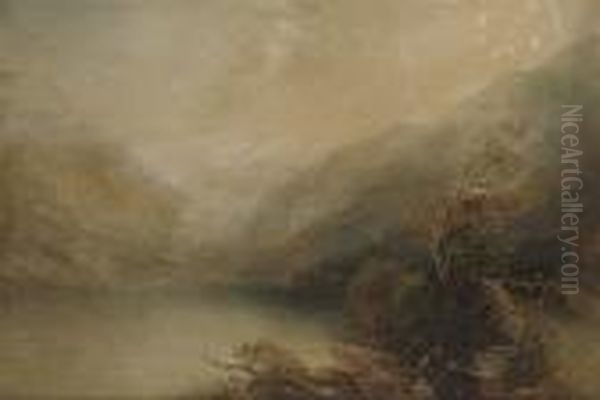 Figures Resting Beside A Lake In A Mountainous Landscape - view 1