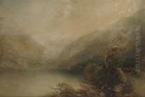 Figures Resting Beside A Lake In A Mountainous Landscape by Thomas Creswick