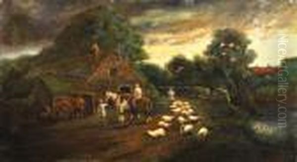 Sheep In A Country Lane By A Blacksmith""s Atdawn - view 1