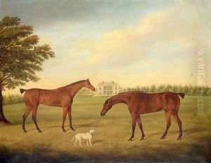 Two hunters and a dog in the grounds of Boulston House, near Haverfordwest, Pembrokeshire by Hayter Kinch