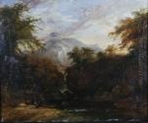 Wooded River Landscape With Figures On The Bank by Thomas Creswick
