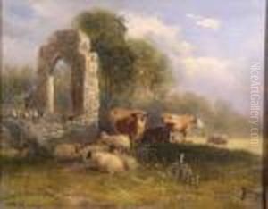 Cattle And Sheep In A Sunlit Meadow