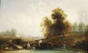 Pasture Land With A Cattle Heard And Resting Peasants At A Ford by Thomas Creswick