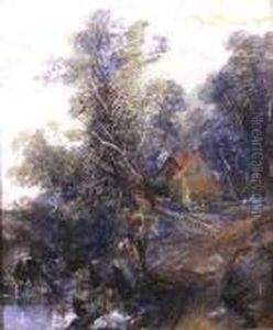 Figures Before A Cottage In A Wooded Landscape by Thomas Creswick