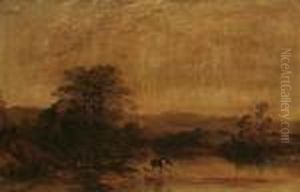 Tranquil Lake Landscape With Man Watering Horses