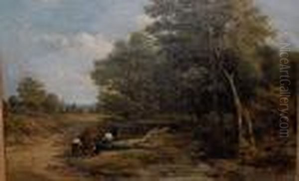Figures Chopping Wood Beside A Stream - view 1