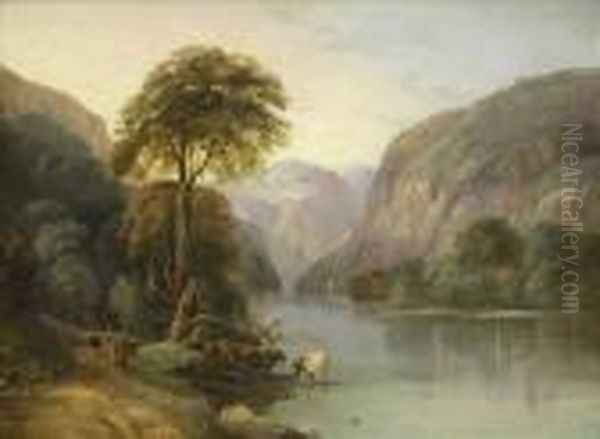 Summer Riverlandscape, With Castle Topped Ravine, Cattle Watering In Theshallows - view 1