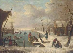 Dutch skaters and tradesmen at a frozen waterway by Leendert de Koningh