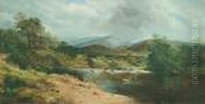 A Highland Scene With Figures Beside A Loch And Another Fishing