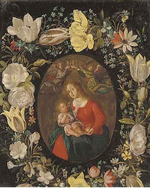 The Virgin and Child set in a feigned cartouche of tulips, roses and other flowers - view 1