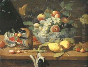 Grapes, plums and other fruit in a bowl, lemons and other fruit on a ledge with a monkey, a dog below
