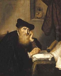 A scholar writing at a table by Salomon Koninck