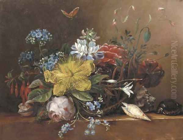 Flowers in a basket with shells on a ledge - view 1