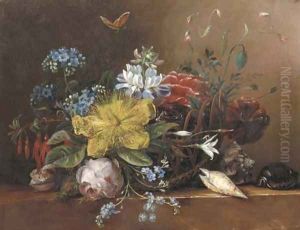 Flowers in a basket with shells on a ledge