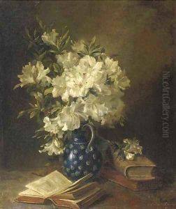 A still life with rhodondendrons in a jug and books by Hendrika Wilhelmina Van Der Kellen