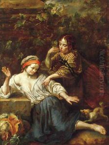 A boy and a girl playing in an orchard with a dog by Bernhard Keil, Monsu Bernardo