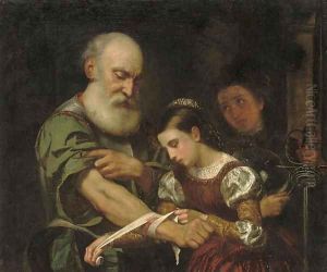A young girl binding the wound of an old man by Bernhard Keil, Monsu Bernardo