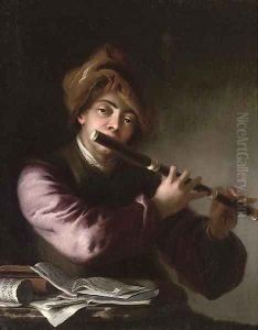 A man playing the flute by a table with sheet music