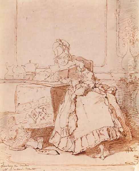 A woman reading at a table in an elegant interior - view 1