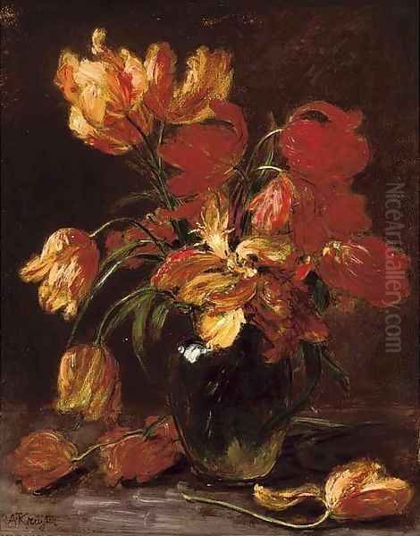 Parrot tulips in a glass vase - view 1