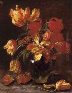 Parrot tulips in a glass vase by Alexis Kreyder