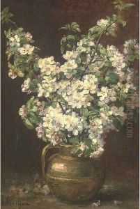 Christmas roses in a brass jug by Alexis Kreyder