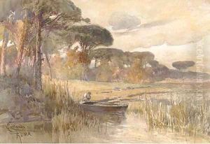 Figure in a boat at the river's edge, in a wooded landscape by C. Karlandi