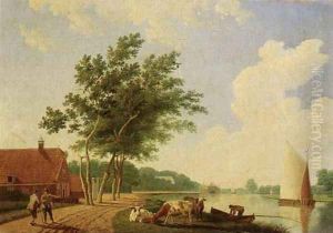 A farm by a river with cattle and peasants on a road by Hendrik Keun