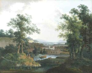 An extensive wooded river landscape with shepherds and their cattle in the foreground, a city beyond