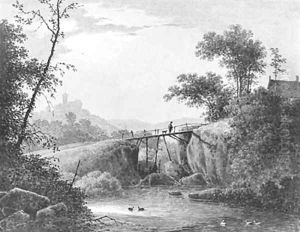 A moonlit hilly River Landscape with a Man and a Dog crossing a wooden Bridge, a castle on a hill beyond by Mattheus Derk Knip