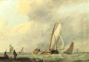 An estuary with sailing vessels in a breeze by Hermanus Sen Koekkoek