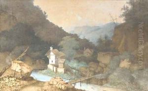 Farmhouses by a bridge over a river in a mountanious landscape by Mattheus Derk Knip