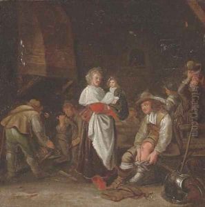 A cavalier putting his boots on and other figures in an guardroom by Simon Kick
