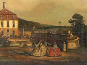 Elegant folk taking the air, the Schlosshof near Vienna beyond