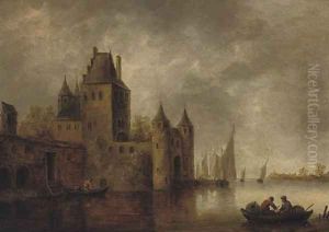 A river landscape with a city gate, shipping nearby