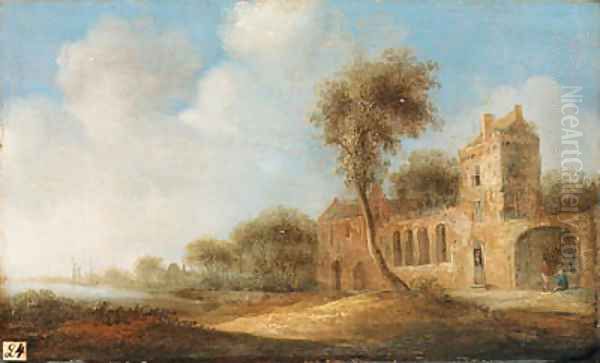 A river landscape with peasants by a ruined castle - view 1