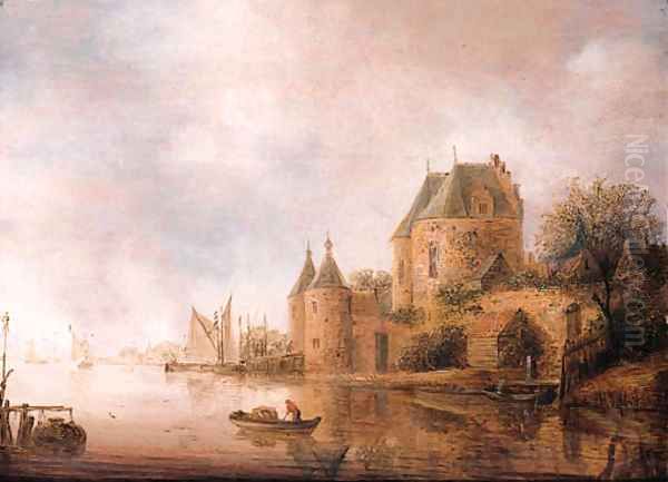 A view of the St. Janspoort, Haarlem, with a fisherman in a rowing boat nearby - view 1