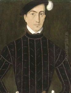 Portrait of a gentleman, half-length, in a slashed black coat and plumed black hat by Adriaen Thomas Key
