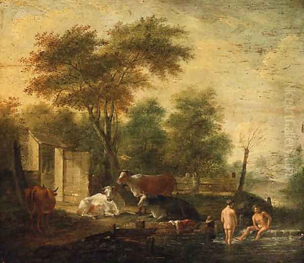 Herdsmen bathing in a Stream with Cattle grazing on a Bank nearby - view 1