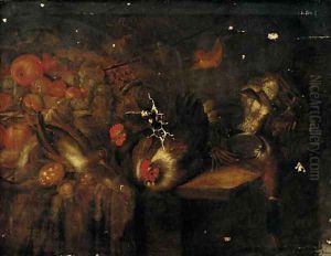Chickens, a duck and other birds and fruit on a ledge Chickens, a duck and other birds and fruit on a ledge
