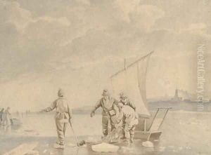 Dutch fishermen netting their catch on a frozen waterway by Johannes Hermanus Koekkoek Snr