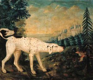 A pointer with a covey of partridge, a schloss beyond