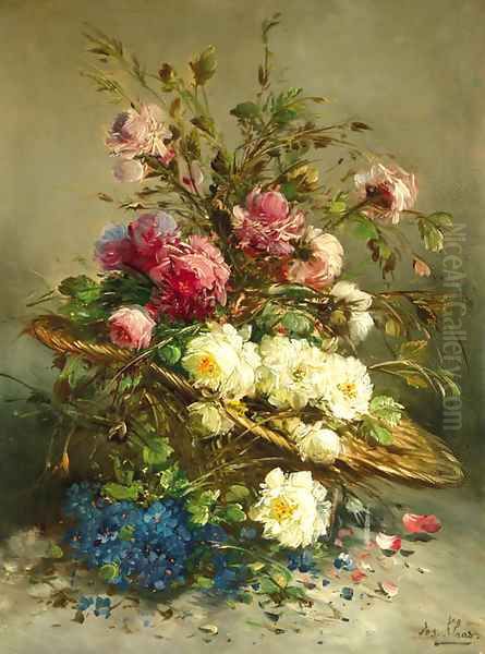 Still life with flowers in a wicker basket - view 1