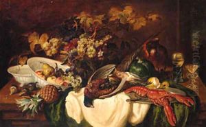 A collection of fruit and game on a table by Ludwig Adam Kunz