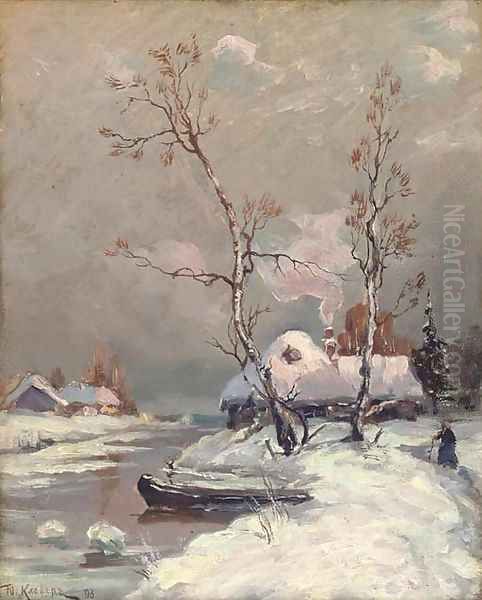 Riverside cottages in the snow - view 1