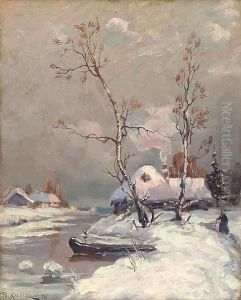 Riverside cottages in the snow by Iulii Iul'evich (Julius) Klever