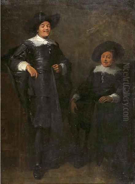 Portrait of two gentlemen, said to be Jan Tulp and Dirck Ruykhaver, full lengths, wearing black costumes with lace collars and cuffs and black hats - view 1
