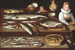 A table laden with a salmon by Albrecht Kauw