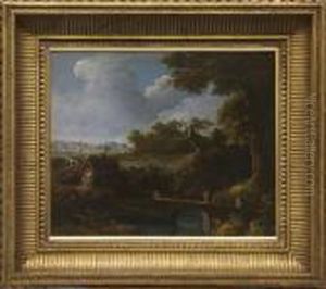 Figures On A Bridge Beside A River With Cottage Beyond